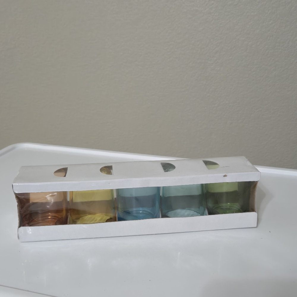 IKEA Art Glass Tea Light Votive Candle Holders set of 5 Multi Colors Rainbow NEW